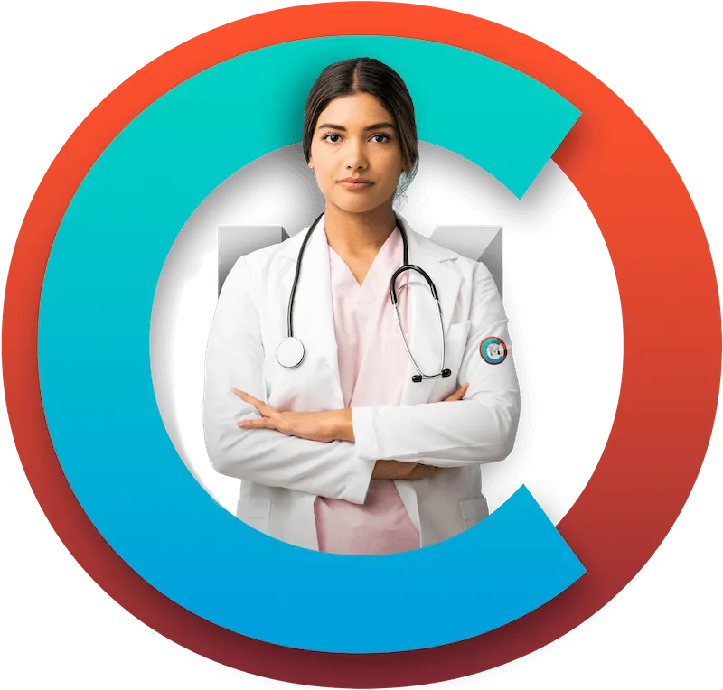 Médica com estetoscópio e logo da compare o mercado